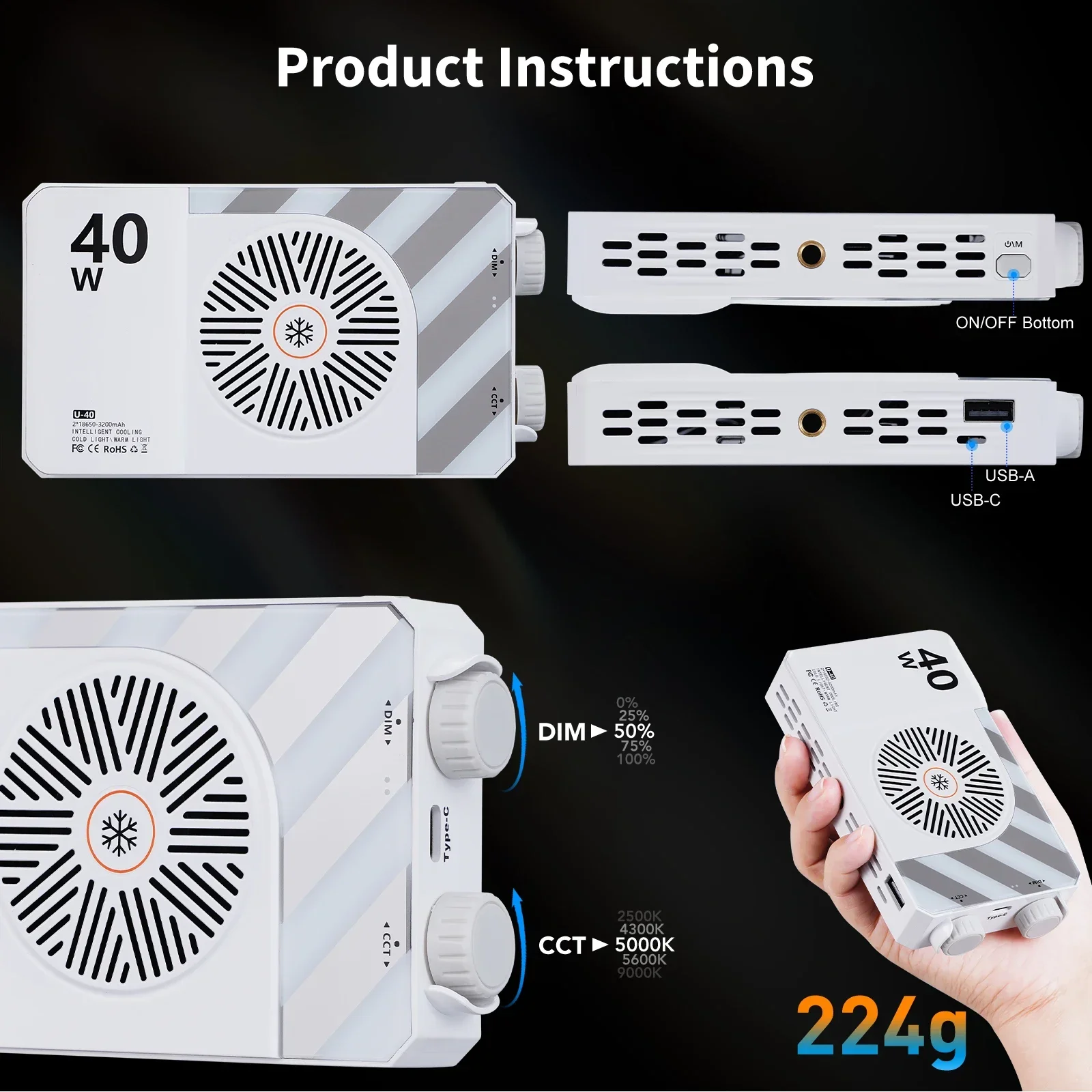 LED Photography Light 40W LED Camera Light CRI/TLCI 96+ 2700-6200K Bi-Color Portable