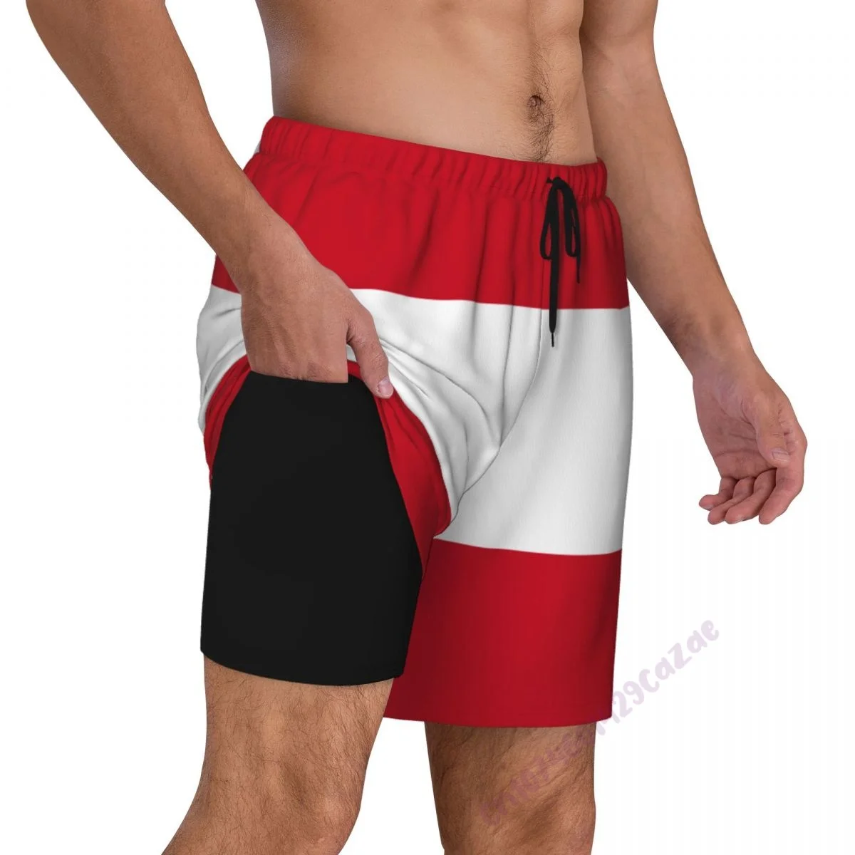 

Austria Flag 3D Mens Swimming Trunks With Compression Liner 2 in 1 Quick-Dry Summer Swim Shorts With Pockets