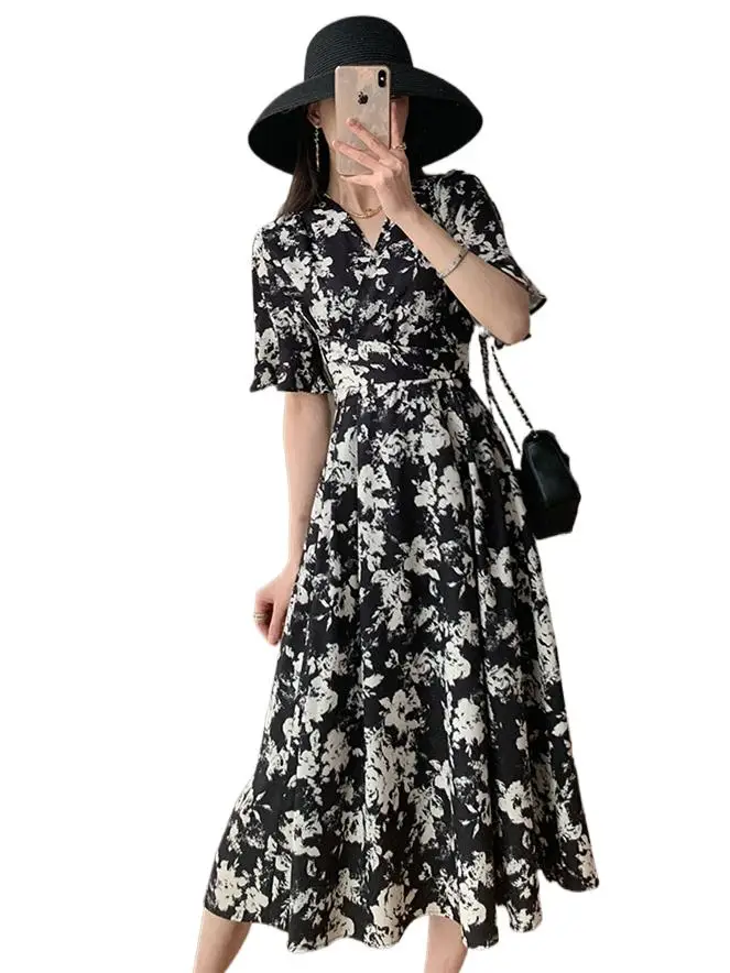 

Autunm office lady Elegant Fashion black white Floral printed half sleeve dress,plus size England style Chic Vintage party dress