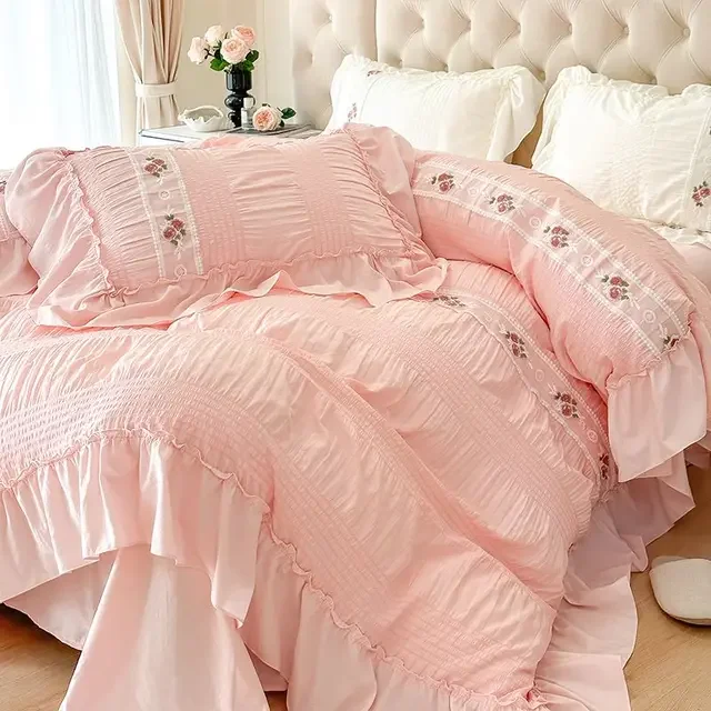 Beautiful Lace Bedding Set Korean Style duvet cover set Soft Washed Cotton Comforter cover set girls women room for home decor