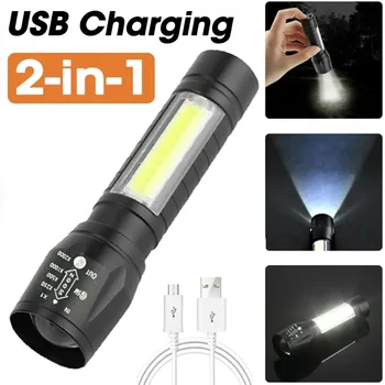 2-in-1 LED 손전등 미니 토치, USB 충전식 배터리 램프, 줌 포커스 COB 토치, 야외 방수 캠핑 조명, 4 가지 모드
