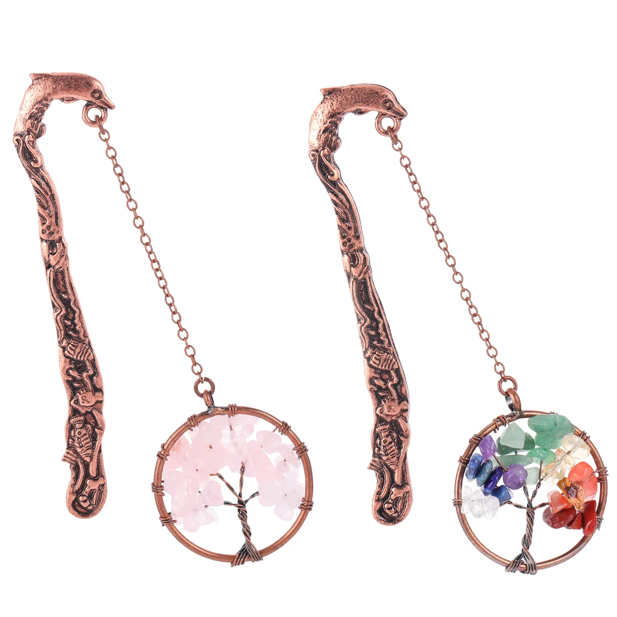 

2 Pcs Bookmarks Crystal Tree of Life Metal Students with 7 Chakra Healing Gemstones Vintage Pendant Gifts