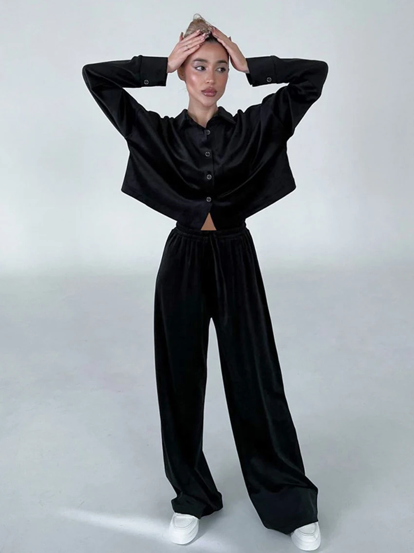 Marthaqiqi Casual Women Sleepwear Set Long Sleeve Nightie Crop Top Nightwear Turn-Down Collar Pajamas Pants Ladies Home Clothes