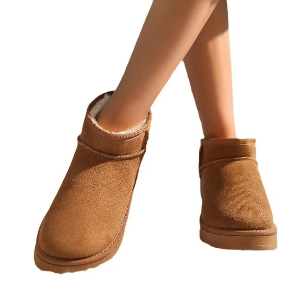 Women's Solid Color Thick Plush Snow Boots Comfortable Warm Flat Ankle Boots Woman Winter Casual Slip On Cotton Shoes Plus Size