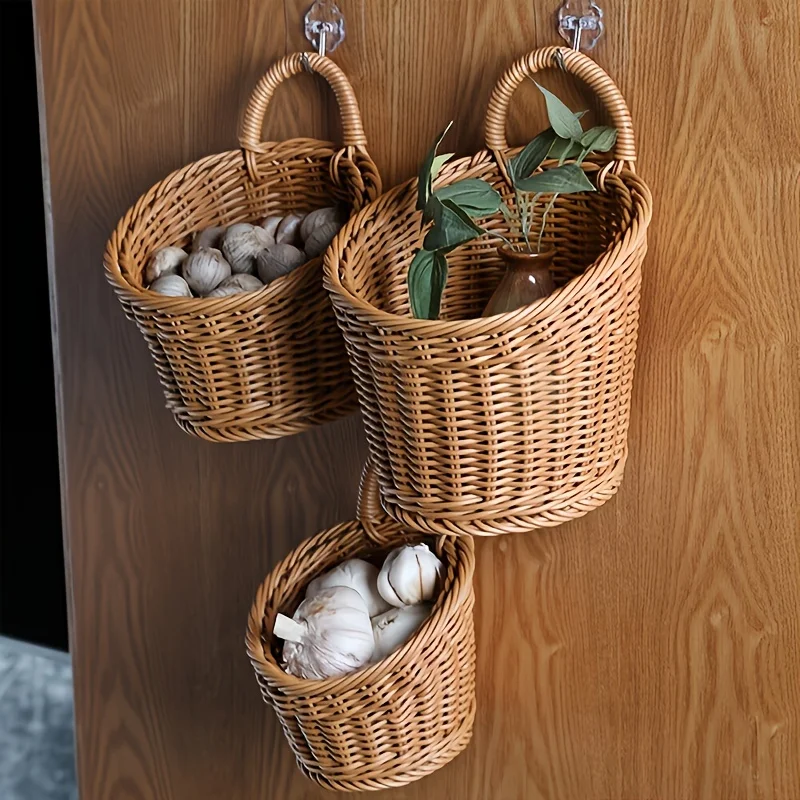 Imitation Rattan Kitchen Storage Basket Brown with Handle Hand-woven Hanging Baskets Sundries Organizer Vegetable Fruit Flower