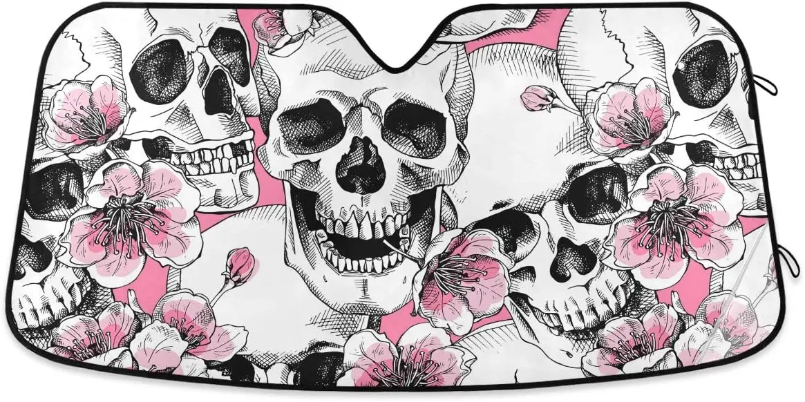 

YYZZH Skull Pink Cherry Blossom Car Windshield Sun Shade Block UV Rays Sun Visor Protector Accordion Folding Sunshade Keep Vehic