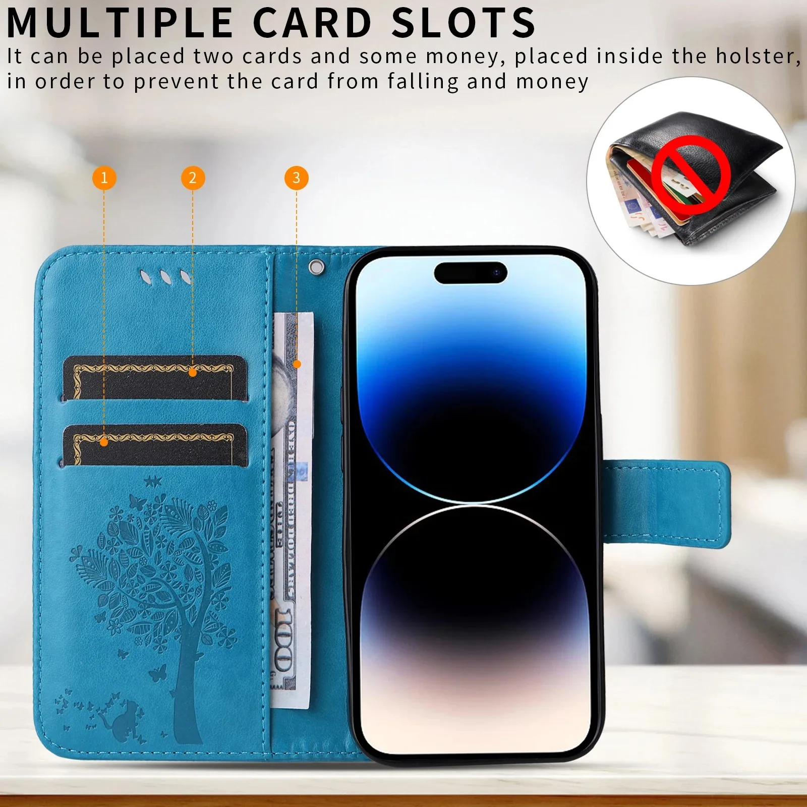 Cat Tree Embossed Design Leather Wallet Flip Case