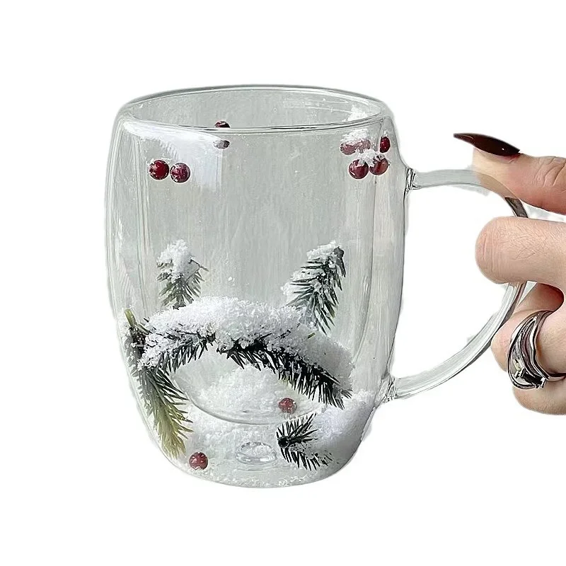 Double Wall Glass Cup with Real Dried Pine Needles for Hot and Cold Drinks