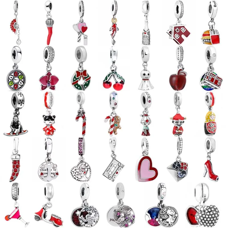 

925 Sterling Silver Red Color Sunny Doll Spain fan Candy Cane Mother Daughter Charm Fit Europe Bracelet Women Jewelry DIY Gift
