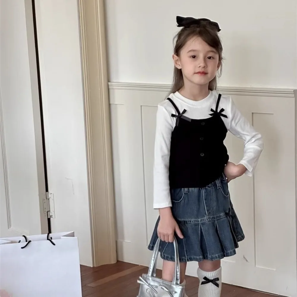 Fashion Korean Style False Two-piece Top Princess Bow Long Sleeve T-shirt Elegant Base Shirt Girls Wear