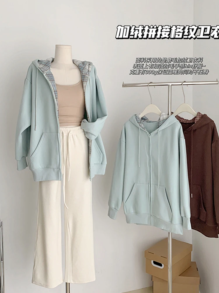 

2023 Autumn Winter Women Korean Vintage Solid Color Pullover Hoodies Basic Spliced Plaid Sweatshirts Casual Fashion Streetwear