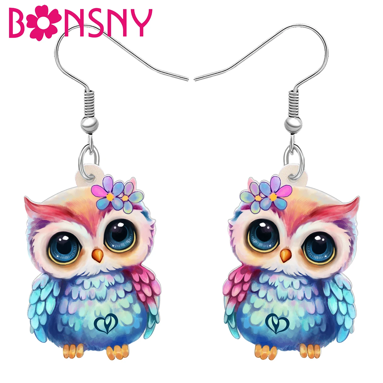 BONSNY Acrylic Chubby Big Eyes Owl Earrings Cute Bird Drop Dangle Trendy Gifts Accessories For Women Girls Kids