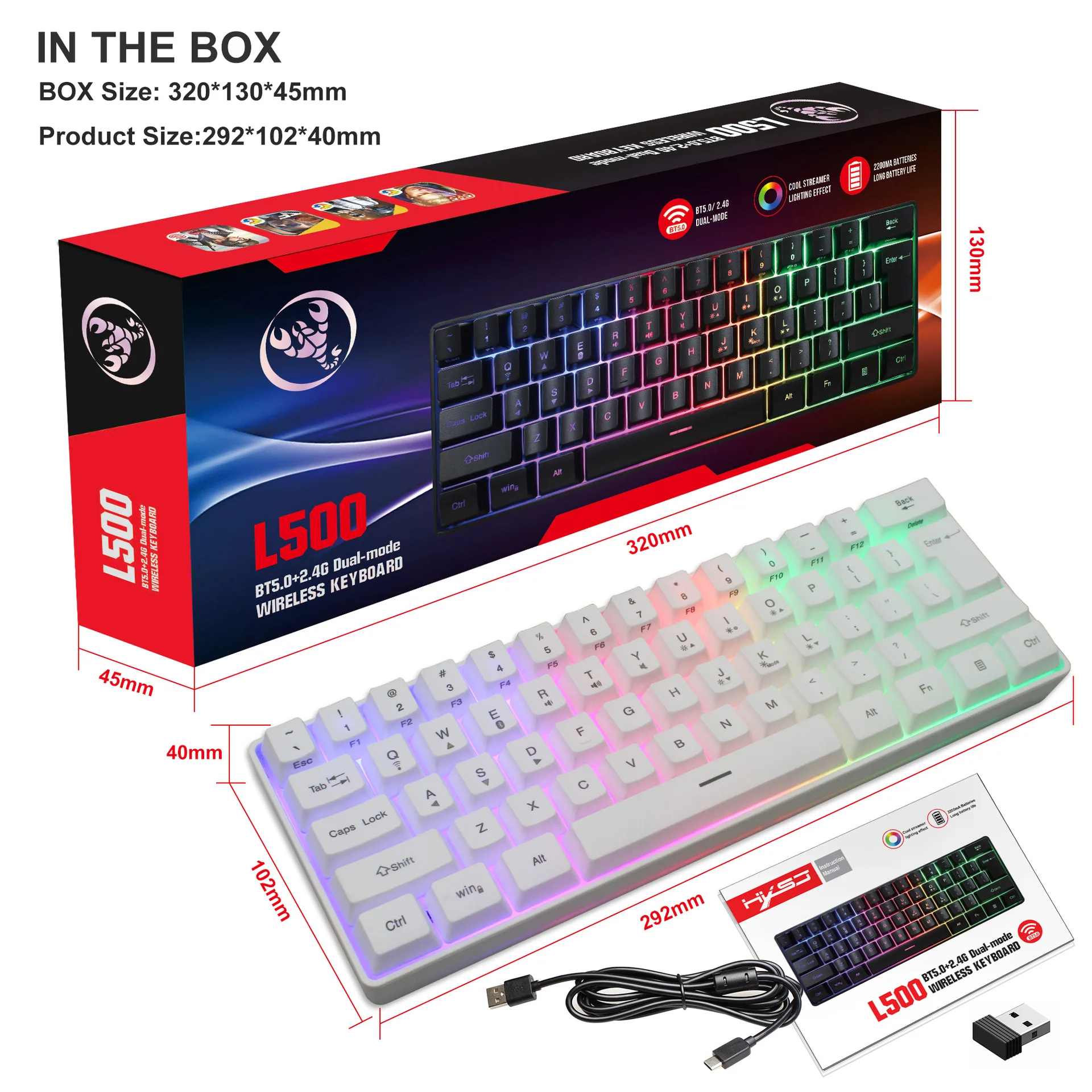 Bluetooth 5.0 2.4G Wireless Keyboard Gaming 61 Keys Rechargeable Keyboard Adjustable RGB Backlit for PC Phones Tablets Desktop pc keyboard Keyboards