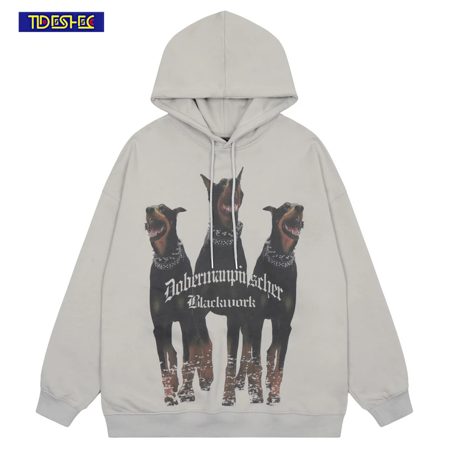 

Hip Hop Cotton Harajuku Men Hoodie Doberman Graphic Print Hooded Oversize Sweatshirt Pullover 2023 Fashion Streetwear Men Hoodie