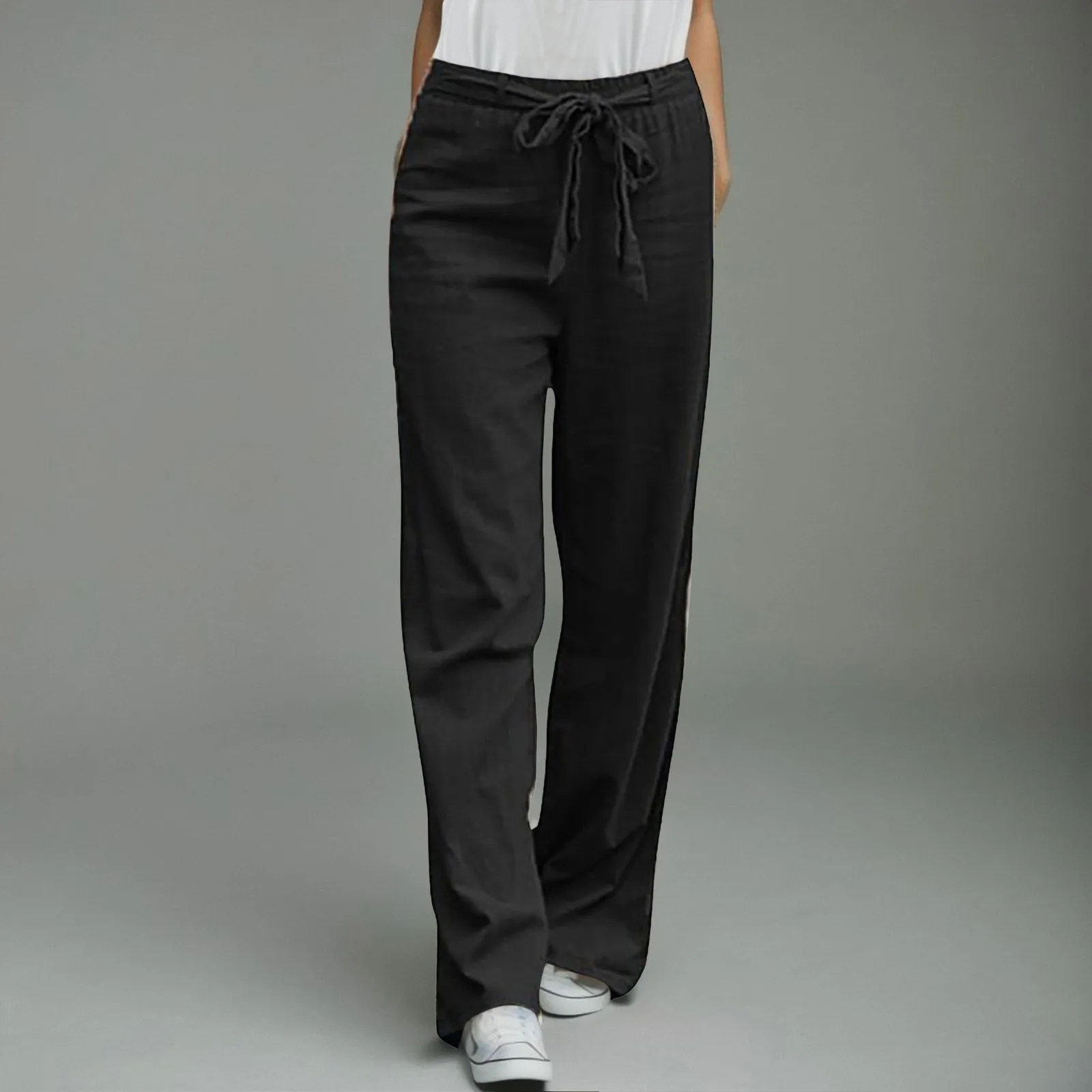 Summer Cargo Pants Women Plus Size High Waisted Tied Belt Palazzo Pants Baggy Flowy Beach Pants With Pockets Women's Pants