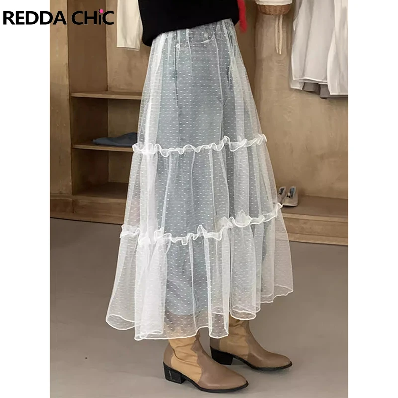 

ReddaChic Ruffle Trim Mesh Sheer Long Skirt Women Retro White Elastic Waist Polka Dot Cake Skirt Overlay Summer Korean Clothes