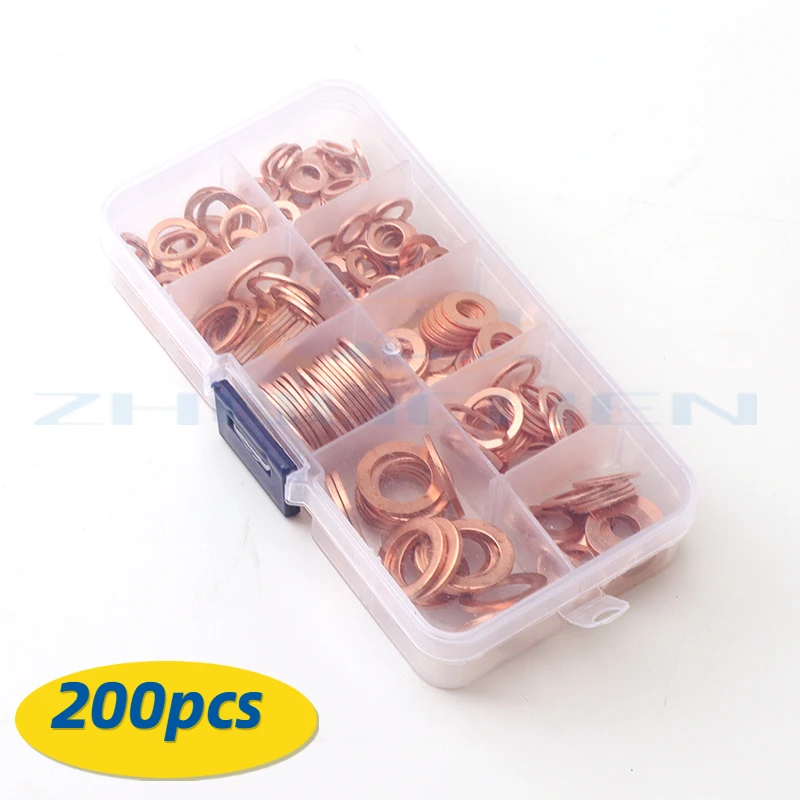 

200 Pcs Copper Sealing Solid Gasket Washer Sump Plug Oil For Boat Crush Flat Seal Ring Tool Hardware M5/M6/M8/M10/M12/M14 Pack