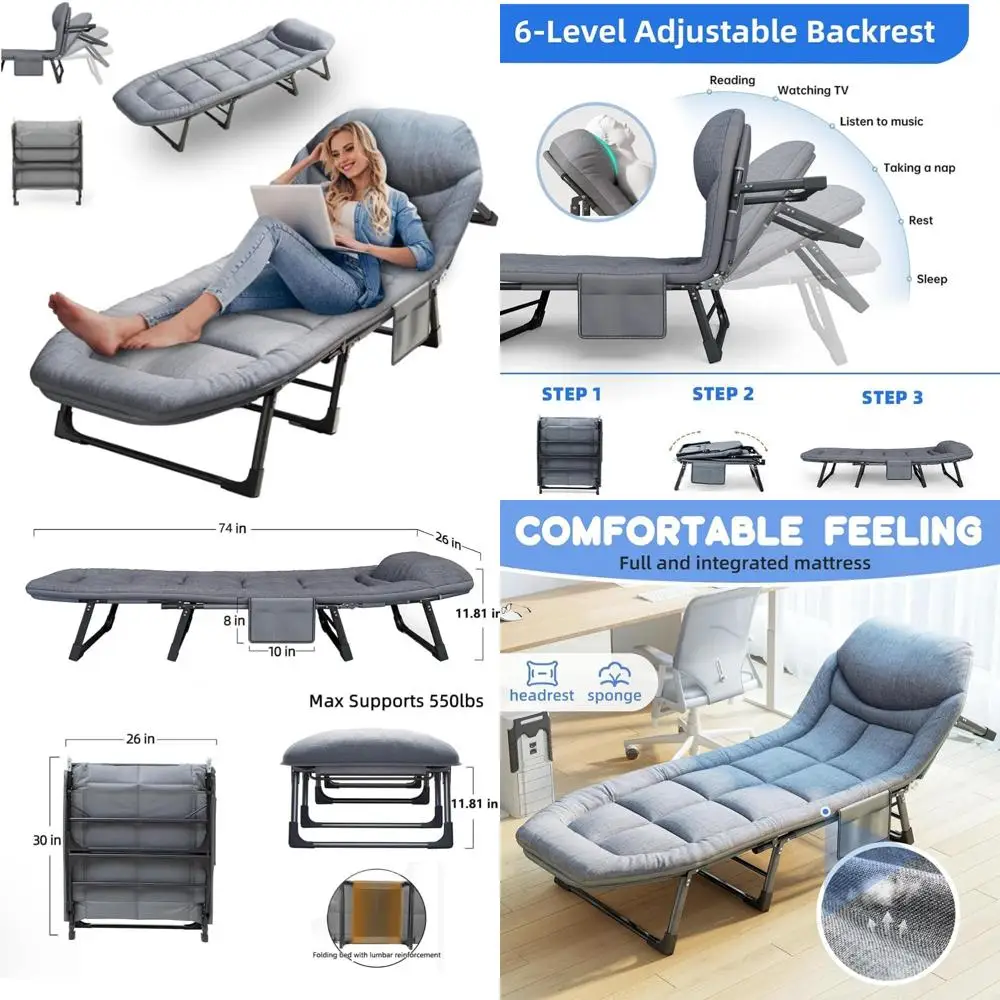 Heavy-Duty 6-Position Adjustable Folding Chaise Lounge Chair Portable Camping Cot with Removable Mattress and Pillow for Outdoor