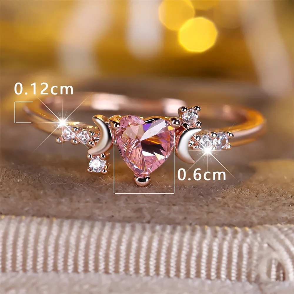 Pink Crystal Heart Stone Ring Female Cute Small Moon Rings For Women Vintage Rose Gold Color Wedding Band Bridal Jewelry