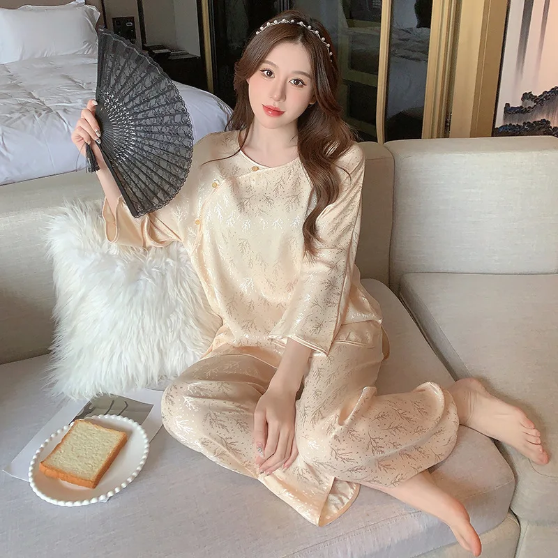 Ice silk pajamas women's long-sleeved trousers fashionable silk  pijamas women  женское бельё  pijama perro