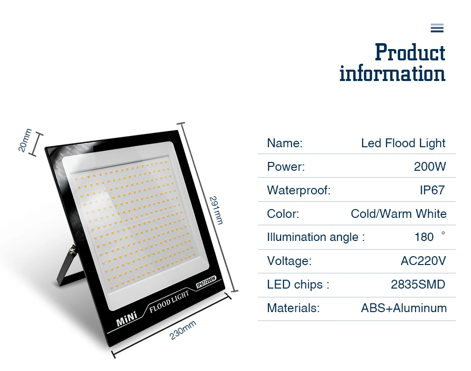10W 20W 30W 50W 100W 150W 200W Led Flood Light 220V Outdoor Floodlight Spotlight S0753a5382a6145b1abaca99e8643cfe2k