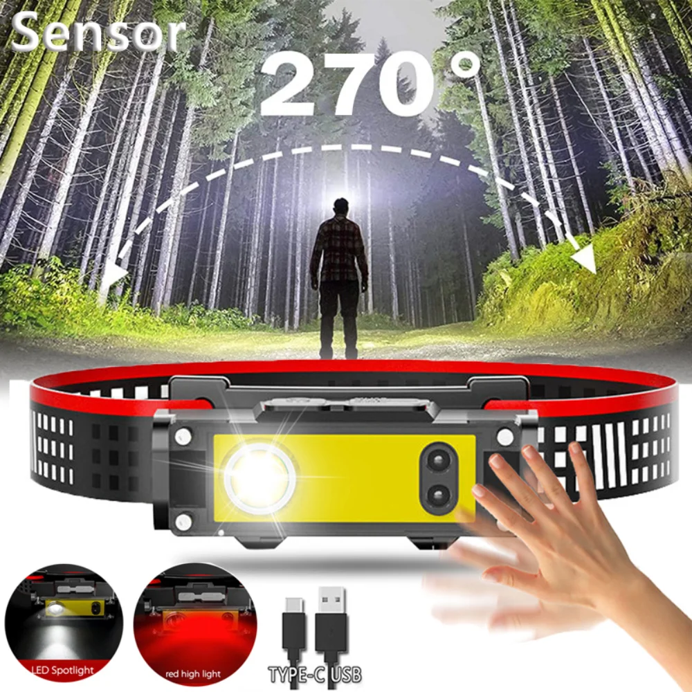 

USB IR Induction Portable LED Headlamp XPE+COB Headlight 18650 Light Rechargeable Waterproof Camping Torch Powerful Head Lamp