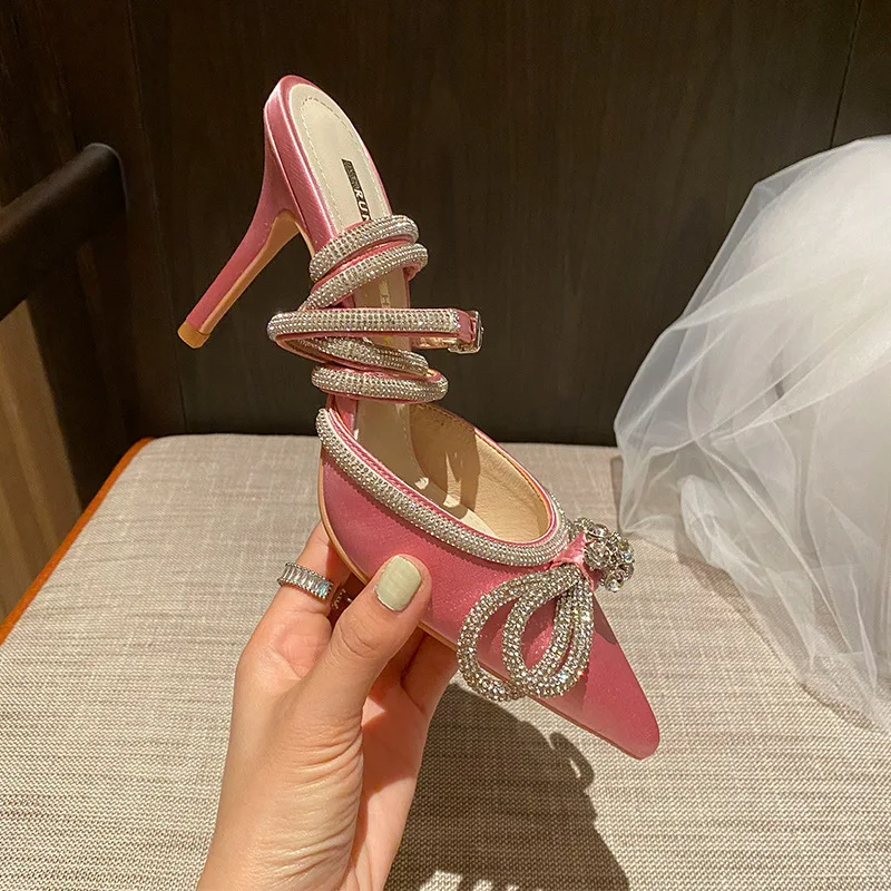 Fashion Style Glitter Rhinestones Women Pumps Crystal Bow 8 Cm Summer Lady Shoes Genuine Leather High Heels Party Prom Shoes 