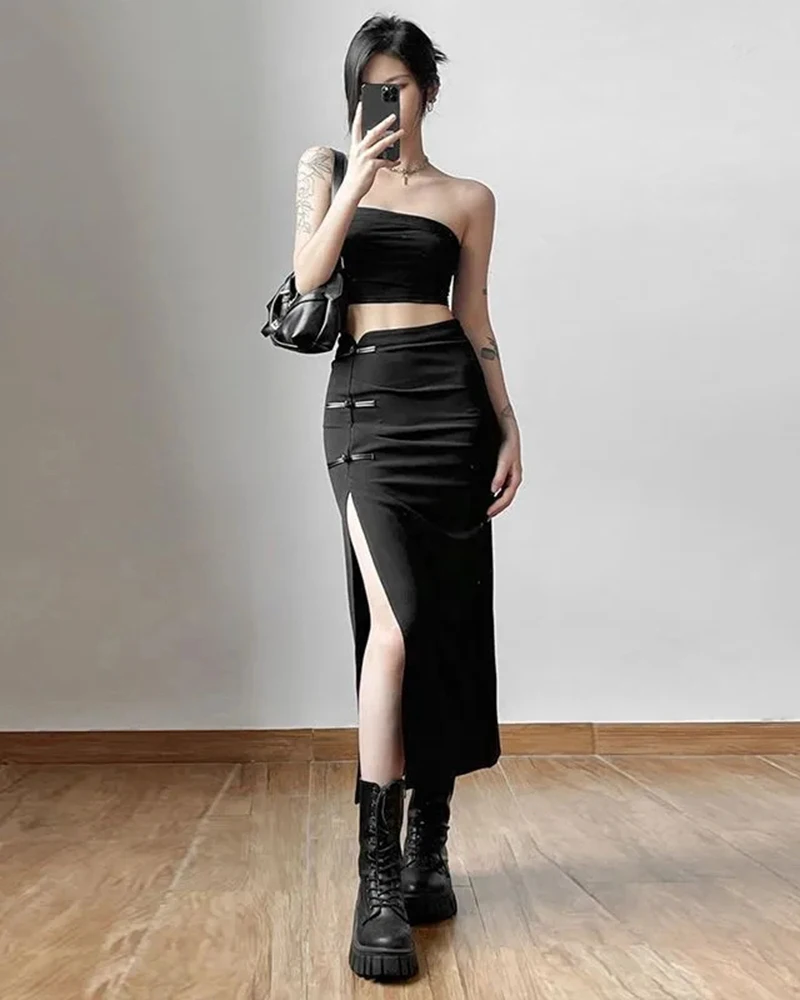 Y2K Black Sexy Split midi Skirts summer Casual Korean Slim a line skirts Gothic high waist streetwear All Match skirts