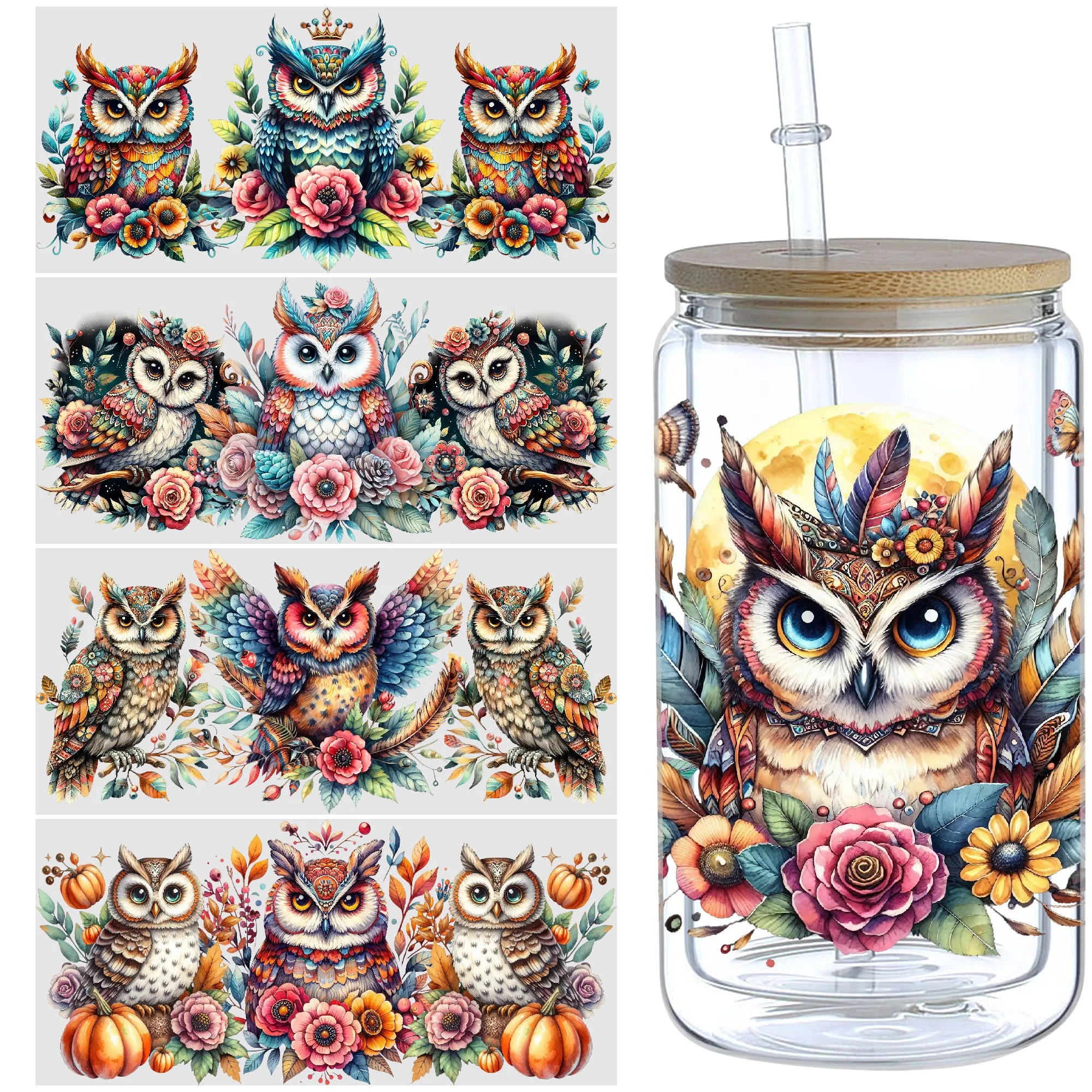 5 Sheets Owl UV DTF Cup Stickers, Glass Cup DTF Transfer Stickers, Waterproof Mystical Owl Wipeable Transfer Paper for