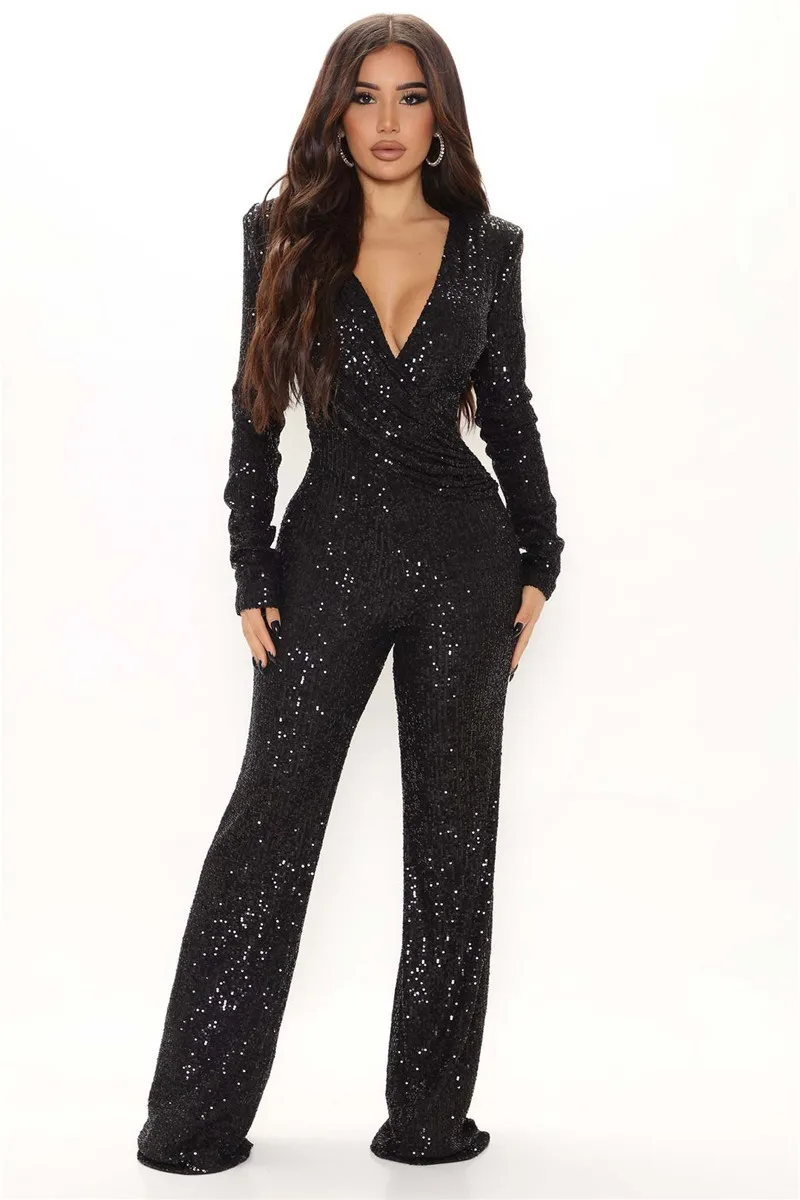 New Fashion Sequins Jumpsuit For Women Long Sleeve V Neck Draped