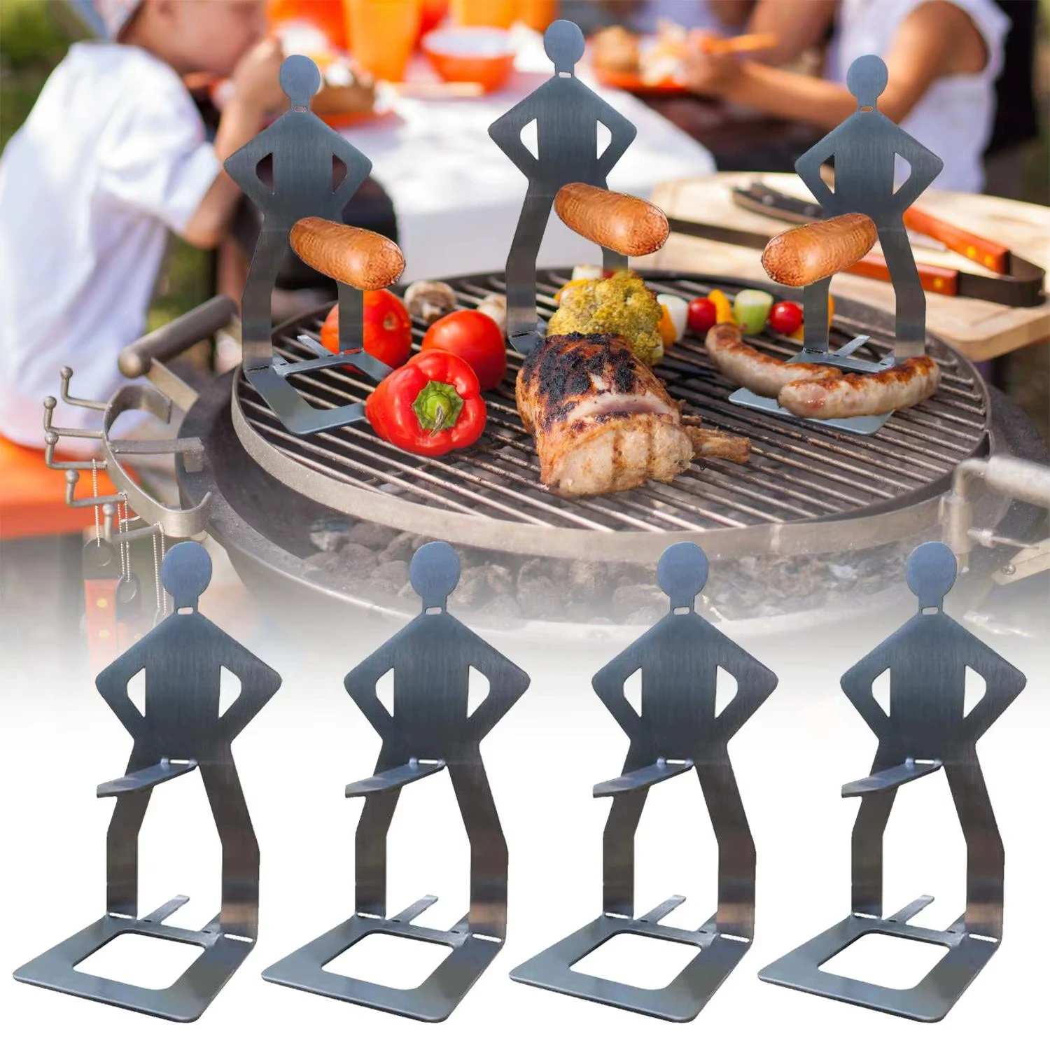 1/5-piece BBQ Hot Dog Roaster Stainless Steel Rack Humanoid Barbecue Sausage Rack Outdoor Summer Party Picnics Holder BBQ Tools