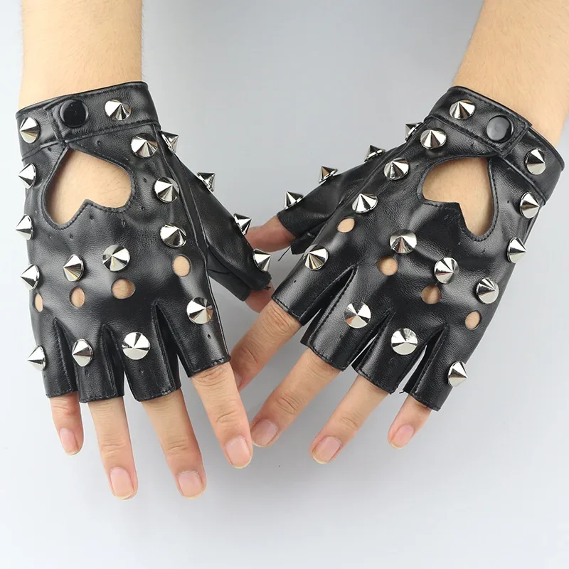 

1Pair Women Driving Mittens Punk Dancing Half Finger Leather Gloves Fashionable Rivets Dance Performance Pole Dance Gloves