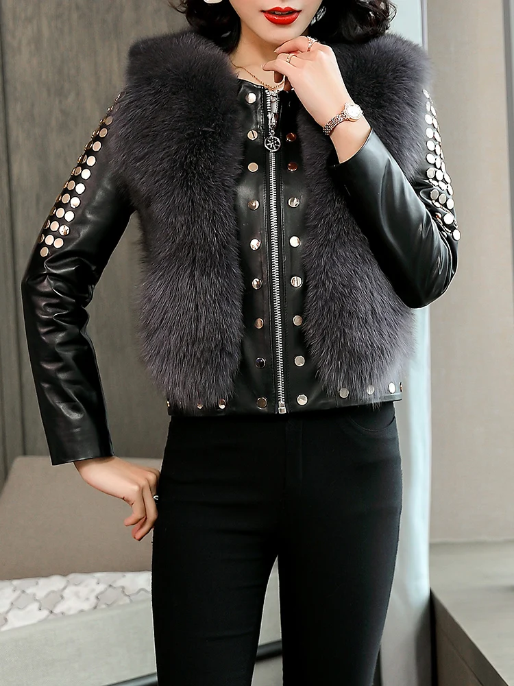 

Fur Lover Women Winter Coat 2022 Genuine Sheep Leather Coat With Real Fox Fur Female Fashion Sheepskin Outfit Outwear