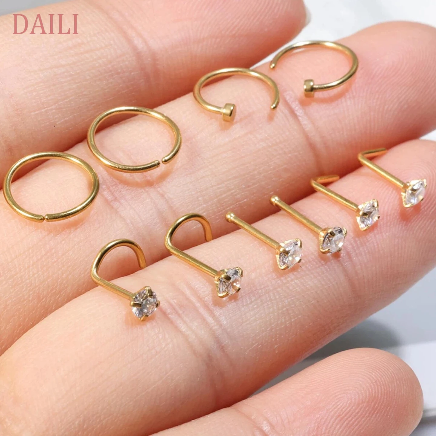 10PCS Stainless Steel Nose Stud and Ring Set, Fashionable Zirconia Studded Nose Studs for Women Men