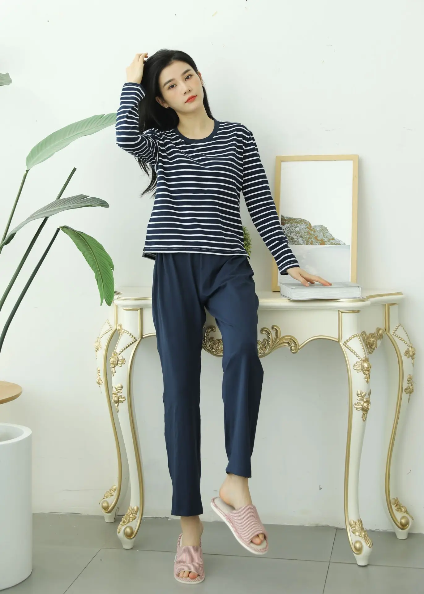 Baumwolle Streifen Brust Pad Nachtwäsche Set Langarm Einstellbare Split Hosen Außerhalb Anzug Casual Hause Kleidung Frauen Pyjamas – Detail 16
