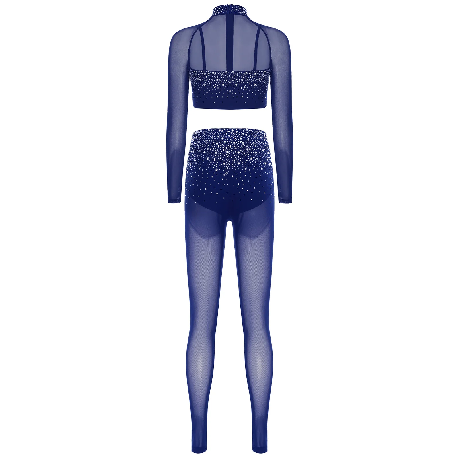 Damen-Outfit für lateinamerikanischen Bauchballett, rückenfrei, asymmetrisches Crop-Top und lange Mesh-Hosen, glitzerndes Strass-Tanzkostüm – Detail 23