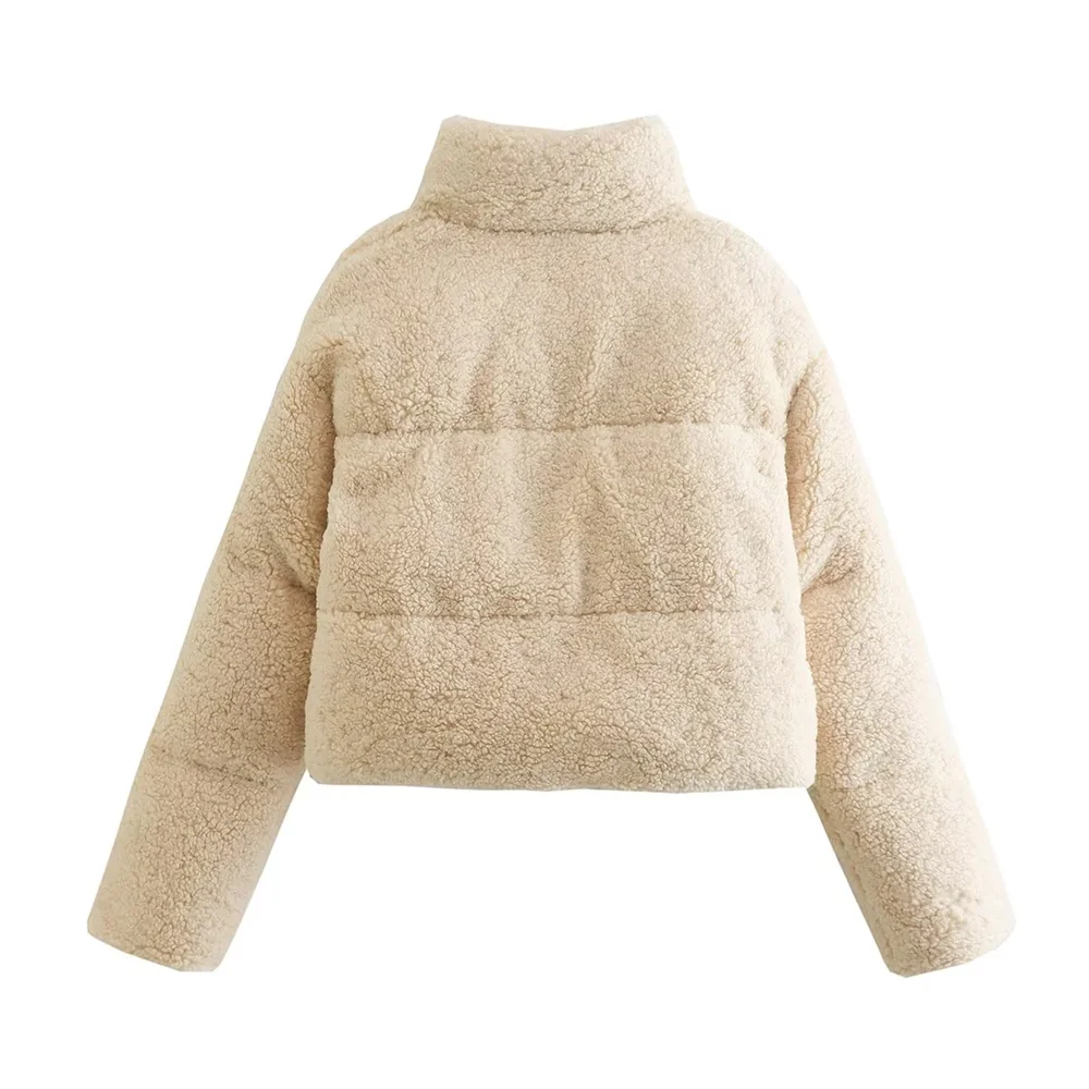 PB&ZA 2023 Autumn and Winter New Women's Lamb Wool Short Cotton Coat Standing Collar Thickened Warm Bread Coat Cotton Coat 6