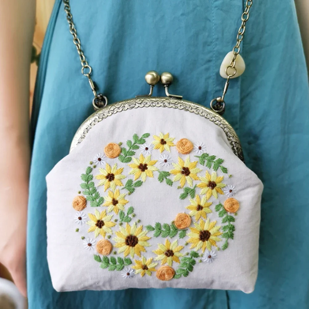 DIY Embroidery Bag Handcraft Needlework Cross Stitch Kit Flowers Pattern Hand Bag Purse Pendant with Handle and Sling Chain