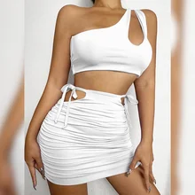 

Two Piece Short Set Summer Women Sexy One Shoulder Crop Top And Cut Out Bandage Mini Bodycon Skirts Beach Party Skirts Suits
