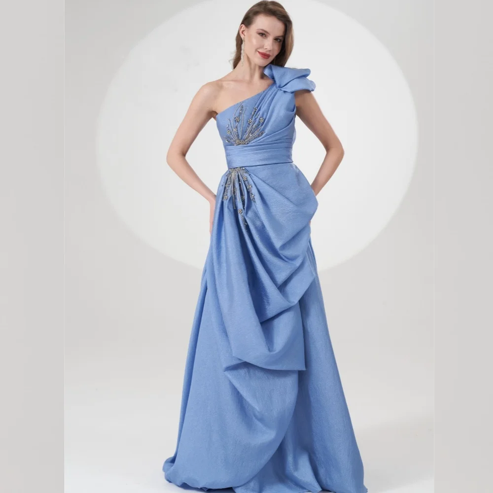 

Evening Ball Dress Saudi Arabia Jersey Sequined Beading Ruched Beach A-line One-shoulder Bespoke Occasion Gown Long Dresses