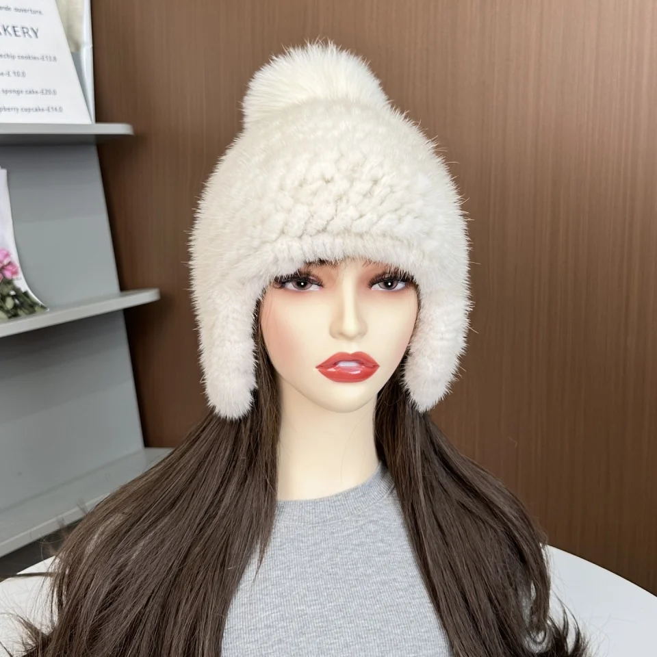 Neue Winter Damen Echt Nerz Pelz Hut Warme Verdickte Ohr Schutz Gestrickte Kappe Damen Winter Mode Zubehör – Detail 13