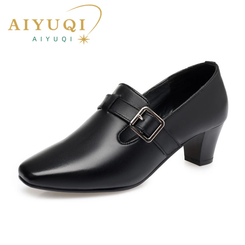 AIYUQI 2022 New Single Shoes Women Mid-heeled Big Size 41 42 43 Genuine Leather Female Square Head Shoes