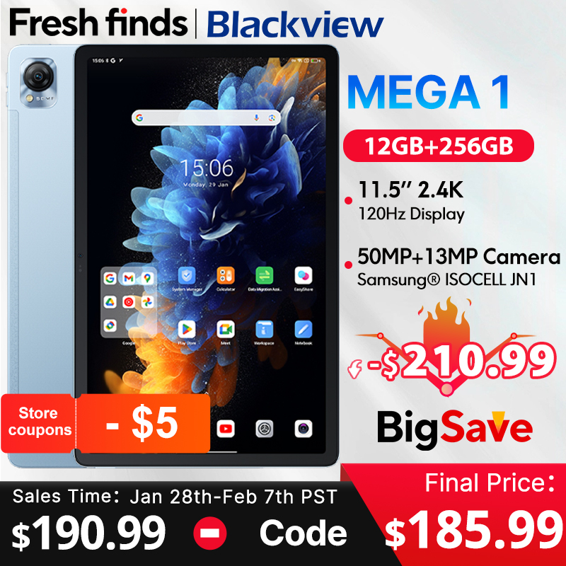 Blackview MEGA 1 tablets 11.5" 2.4K 120Hz Display 50MP Camera 12GB 256GB 8800mAh 33W Charging Widevine L1 Android Pad PC