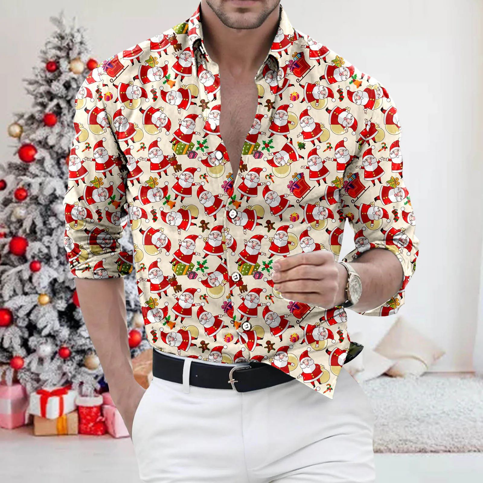 

Men's Christmas shirts Navidad tee T-shirt vacation Santa-Claus Men's Tops long-sleeved Full-printing lapel-neck Themed Chemise