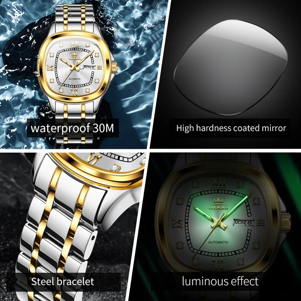 OLEVS 9810 Automatic Watch For Men Dual Calendar Luxury Diamond Scale Business Wristwatch Waterproof Stainless Steel Man Watches