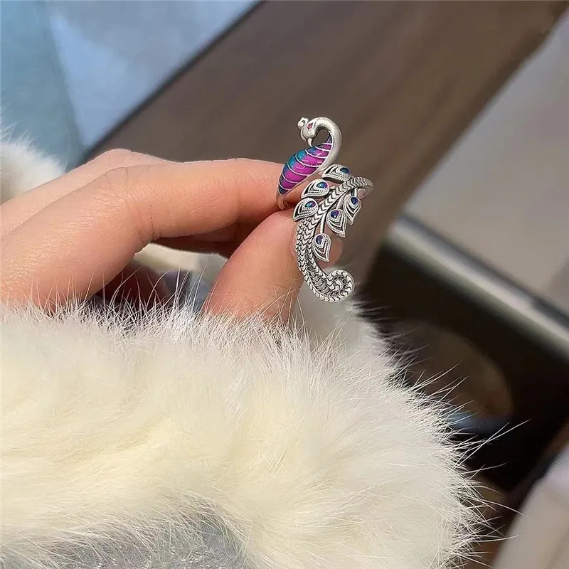 Noble Elegant Wedding 925 Sterling Silver Fashion Enamel Peacock Open Rings For Women Girl Lady Anti-Allergy LR041 2