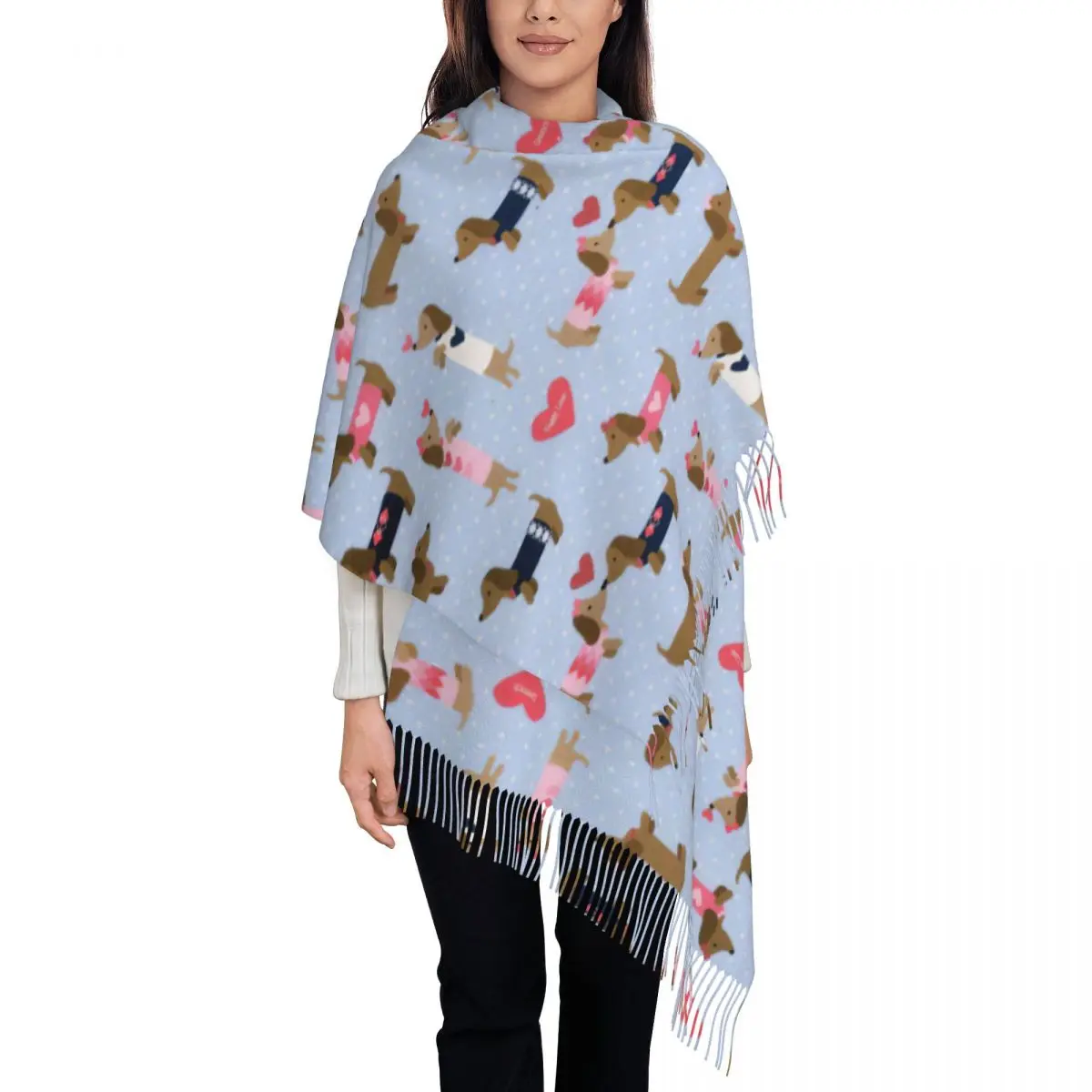 

Womens Scarf with Tassel Dog Puppy Love Long Winter Fall Shawl and Wrap Animal Cartoon Reversible Pashmina Scarves