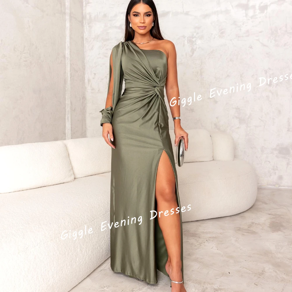 

Giggle Satin One-Shoulder Pleating Elegance Prom Gown Saudi Arab Summer Slit Ankle-Length Evening Party Dresses for Women 2024