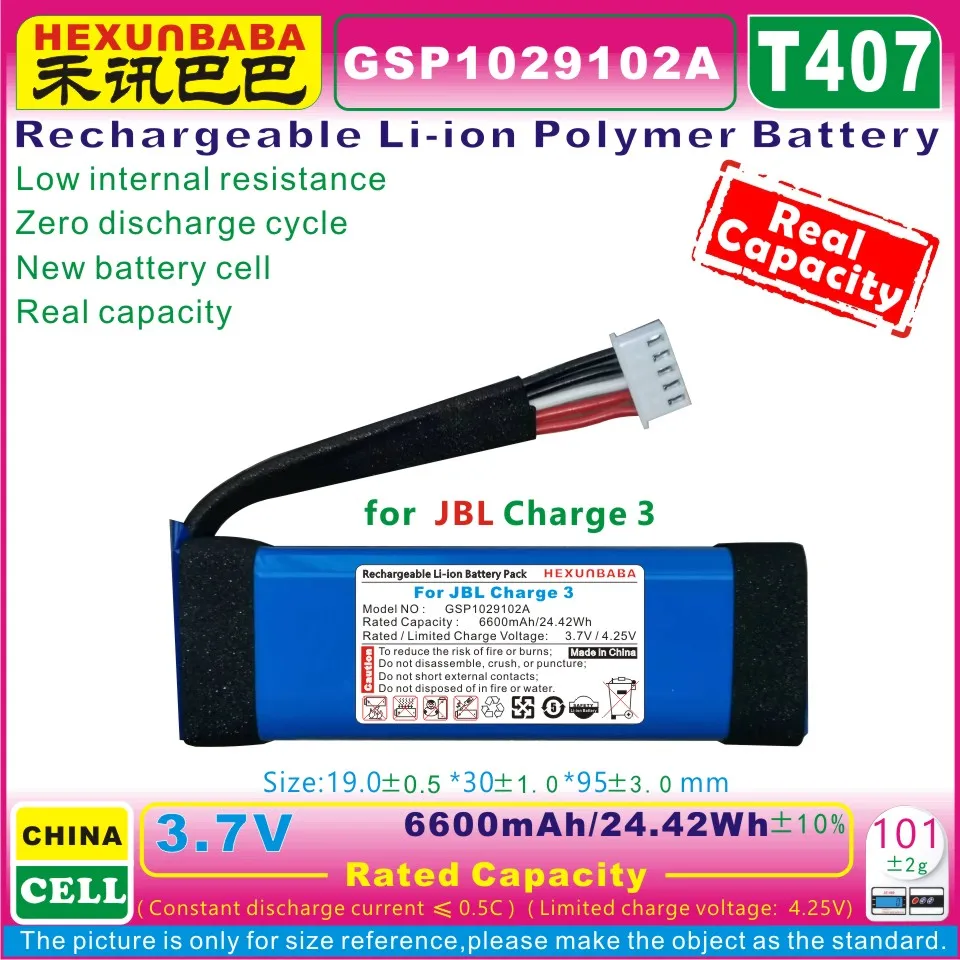 [t407] 3.7v 6600mah Gsp1029102a Polymer Liion Battery For Jbl Charge 3 Charge3 Speaker 2 1 Link