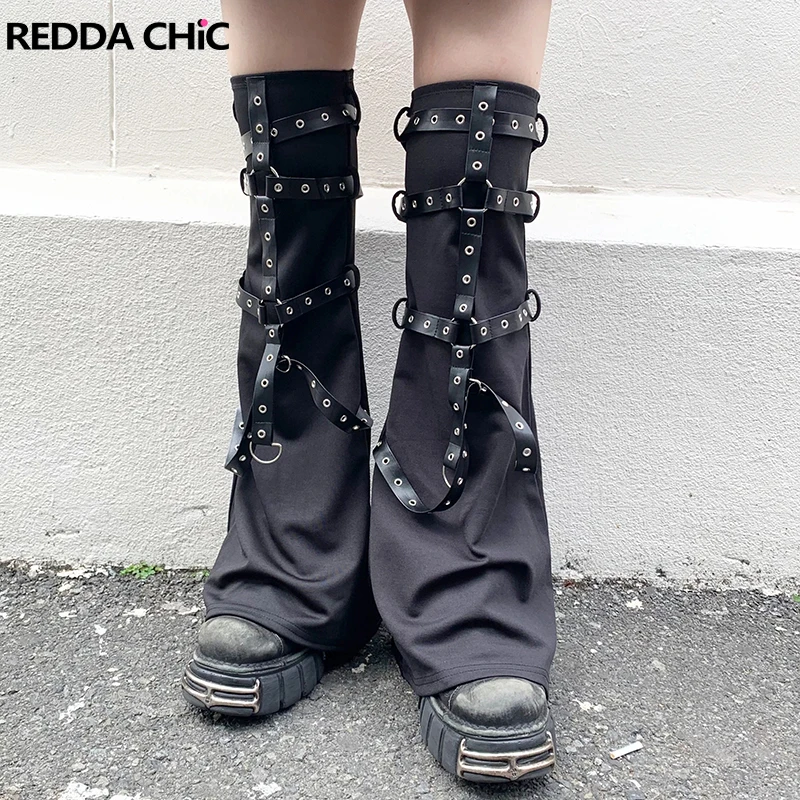 

ReddaChic Acubi Fashion Women Leg Warmers Solid Black Stitch Leather Harness Thigh-high Boots Cover Goth Y2k Vintage Long Socks
